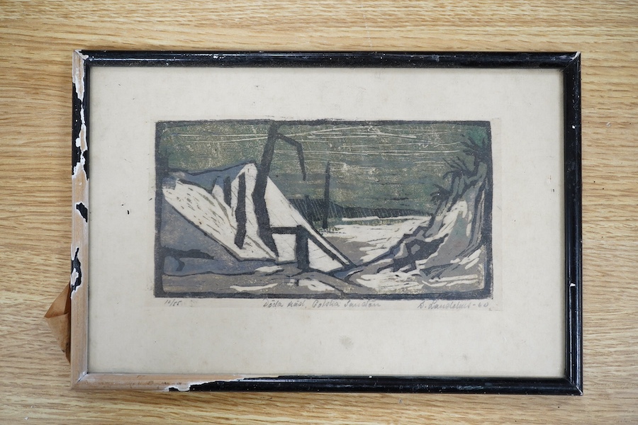 Bertil Landelius (Swedish 1912-1985), colour etching, Landscape, signed in pencil, limited edition, 10/55?, 15.5 x 24cm. Condition - fair, frame in need of repair